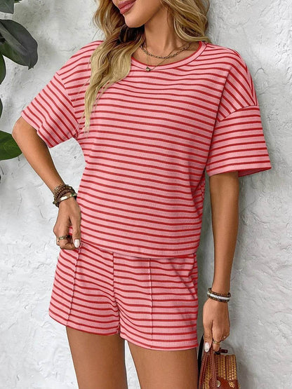 Striped Round Neck Short Sleeve Top and Shorts Set - Tredona LLC