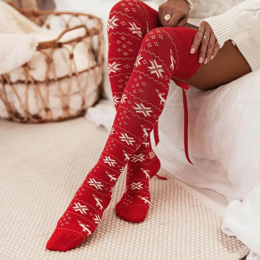 Christmas Element Bowknot Ribbed Trim Over Knee Stockings - Tredona LLC