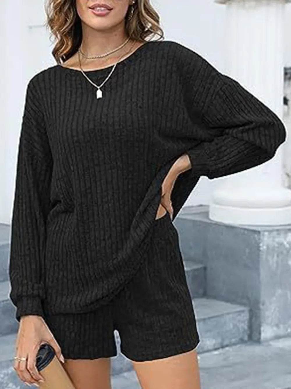 Round Neck Dropped Shoulder Top and Shorts Set - Tredona LLC