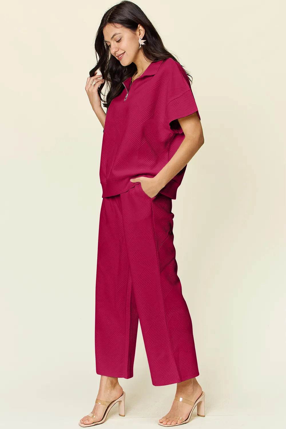 Double Take Full Size Texture Half Zip Short Sleeve Top and Pants Set - Tredona LLC