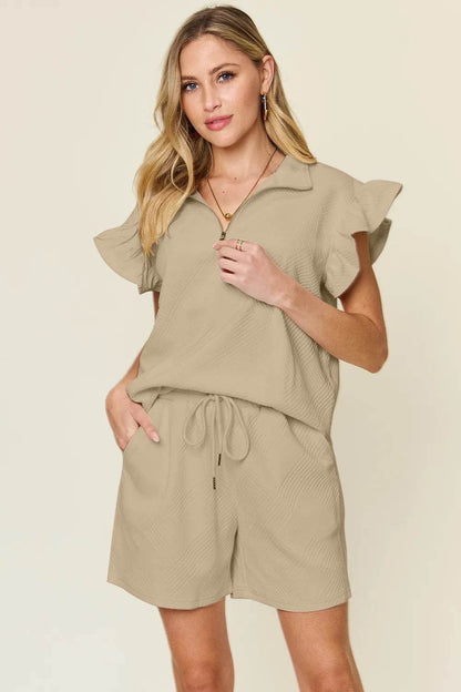 Double Take Full Size Texture Flounce Sleeve Top and Drawstring Shorts Set - Tredona LLC