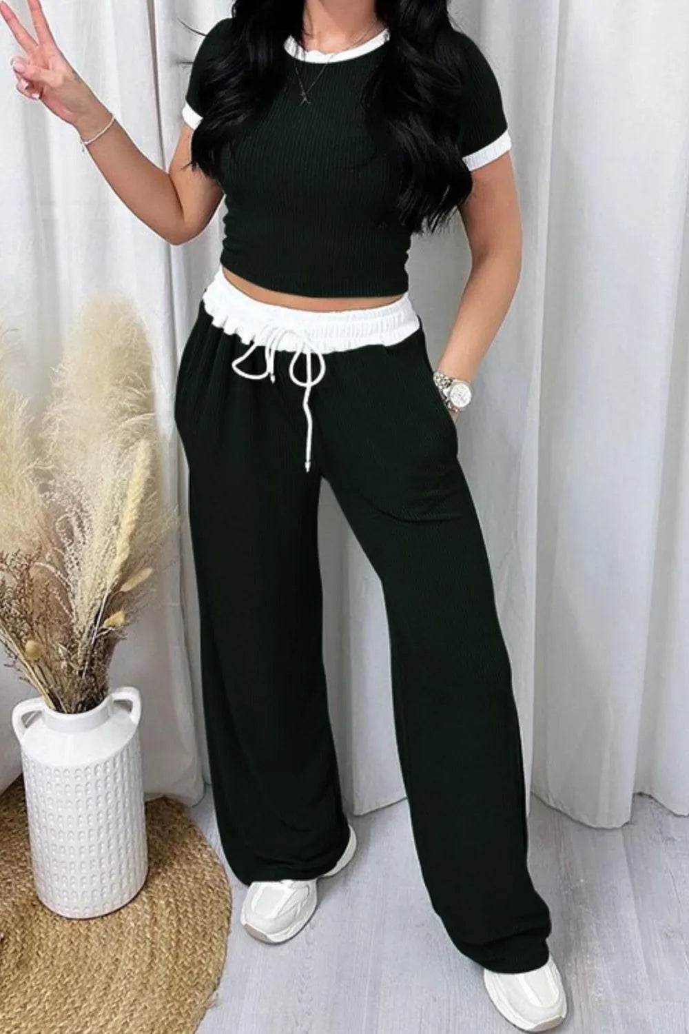 Contrast Trim Round Neck Top and Pants Set - Tredona LLC