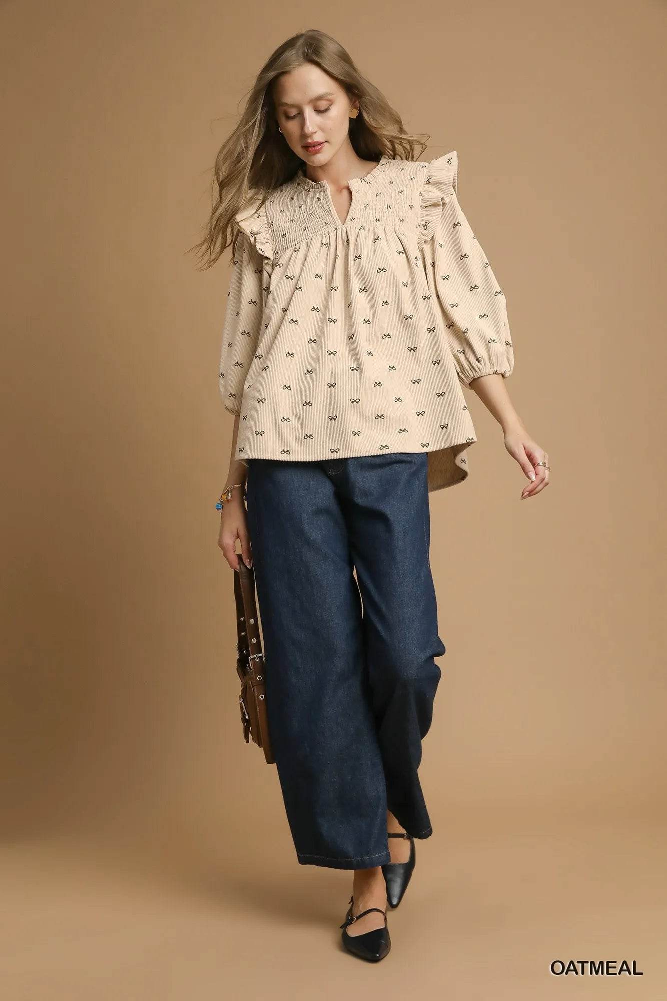 Umgee Bow Print Corduroy Puff Sleeve Blouse with Ruffled - Tredona LLC