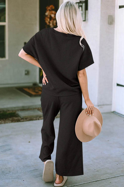 Double Take Full Size Texture Short Sleeve Top and Pants Set - Tredona LLC