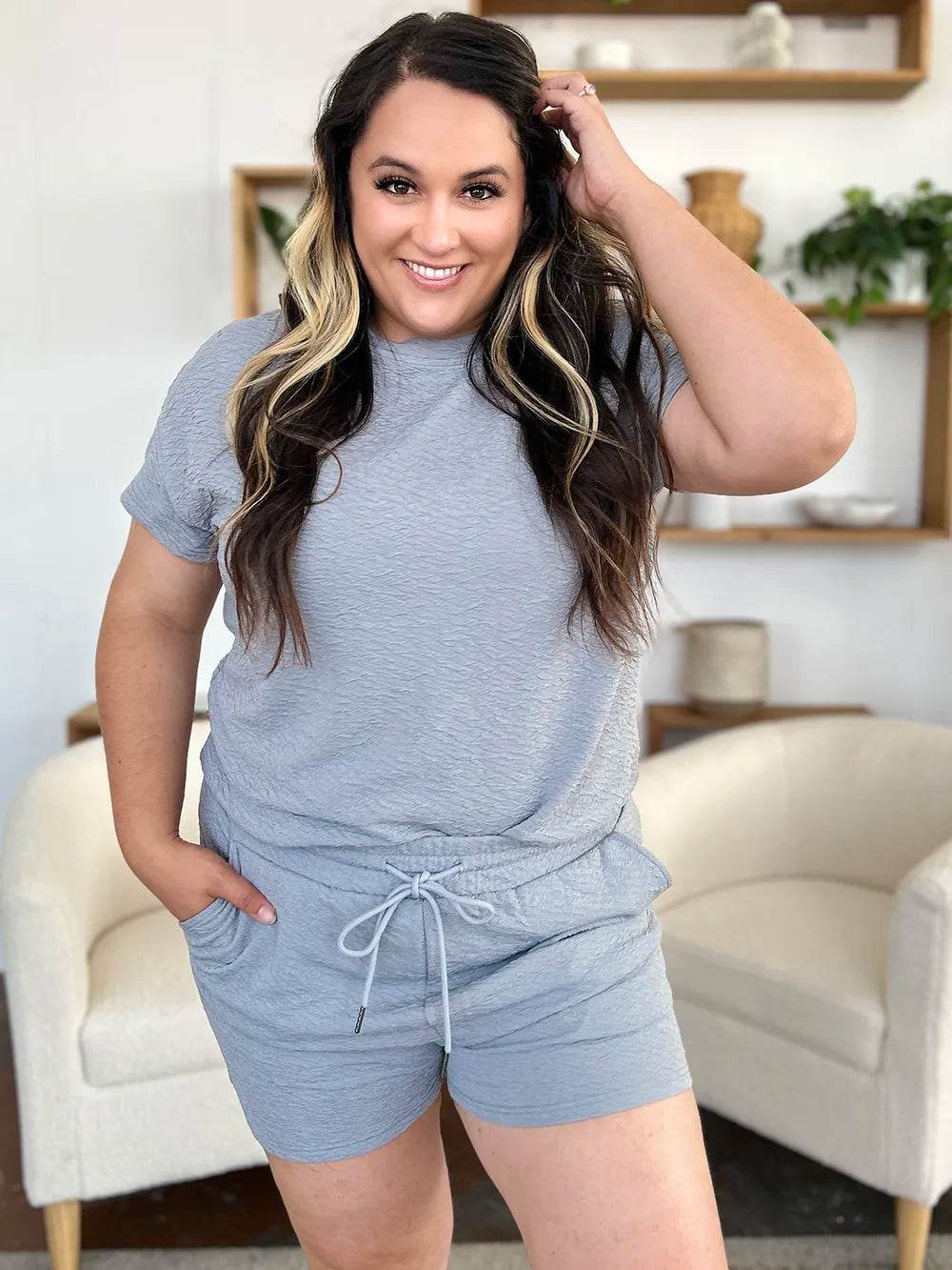 Double Take Full Size Texture Short Sleeve T-Shirt and Drawstring Shorts Set - Tredona LLC