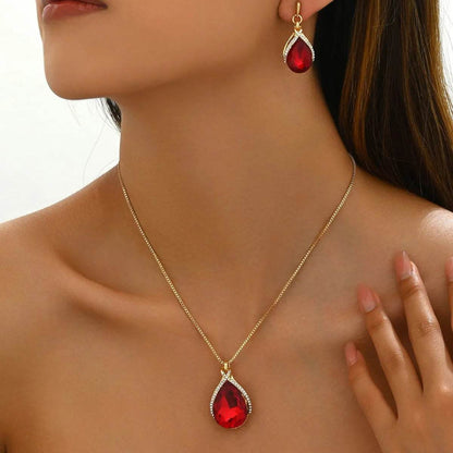 18K Gold-Plated Rhinestone Teardrop Necklace and Earrings Jewelry Set - Tredona LLC