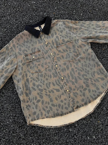 Men's Leopard Button Up Long Sleeve Jacket - Tredona LLC