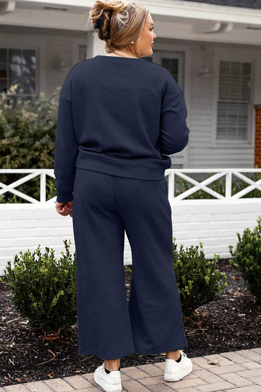 Double Take Full Size Textured Long Sleeve Top and Drawstring Pants Set - Tredona LLC