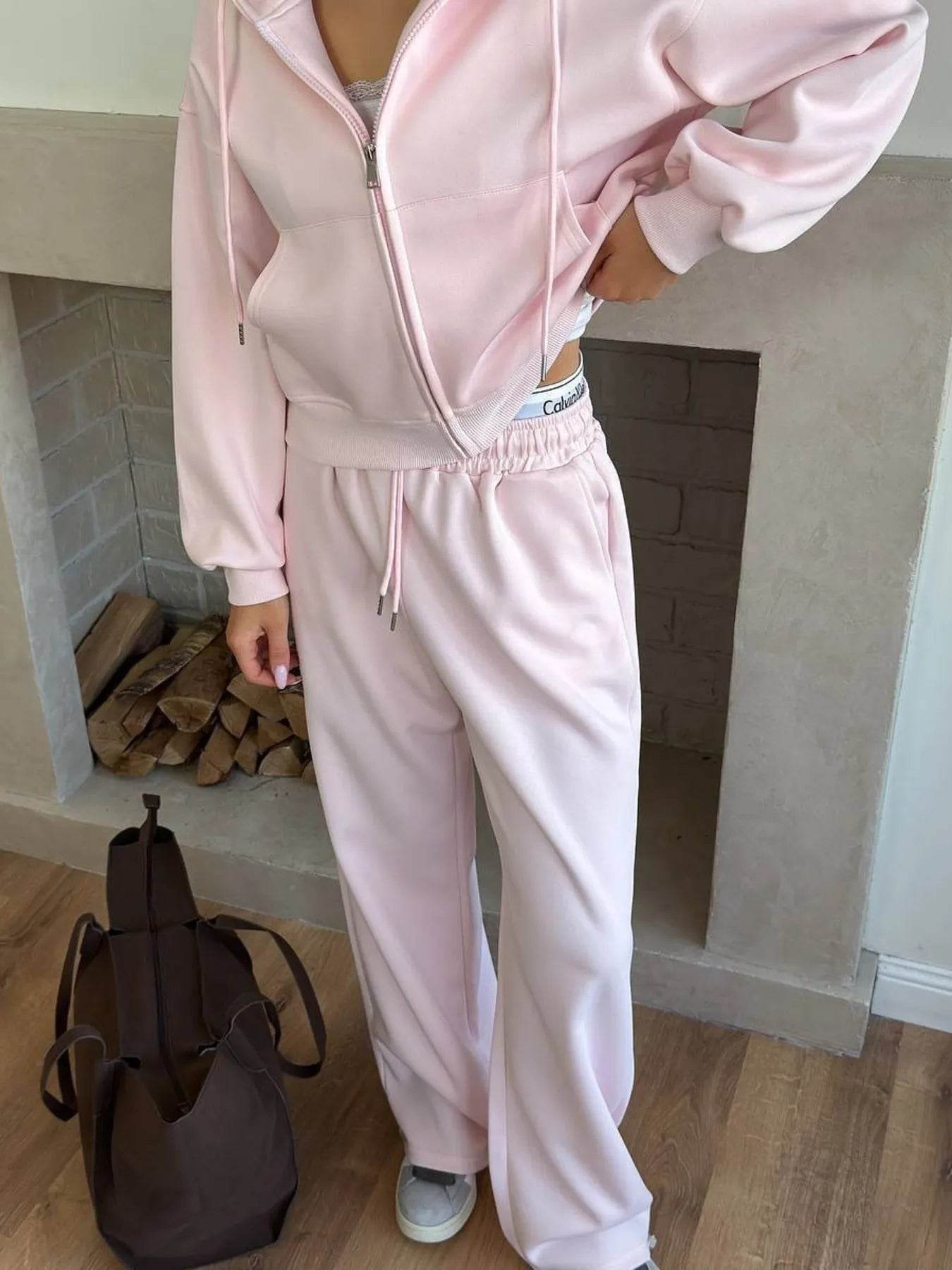 Zip Up Drawstring Hoodie and Pants Set - Tredona LLC