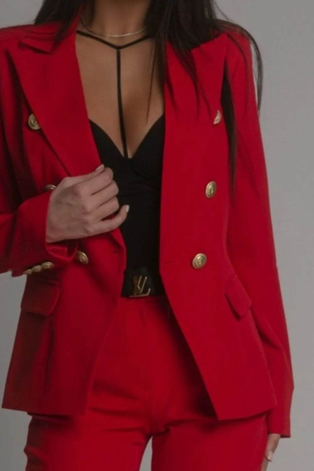 Full Size Lapel Collar Long Sleeve Blazer and Pants Set Plus Size - Tredona LLC