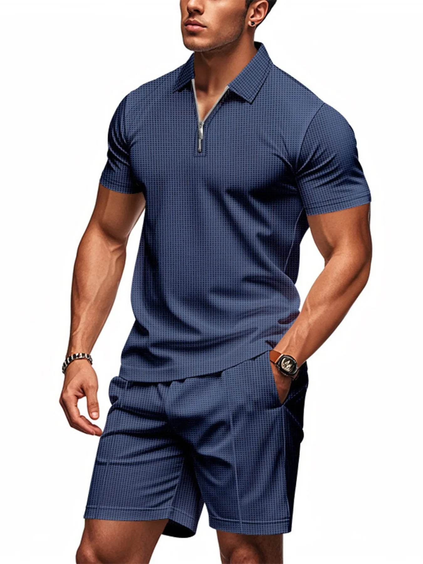 Men's Plus Size Quarter Zip Short Sleeve Top and Shorts Set - Tredona LLC