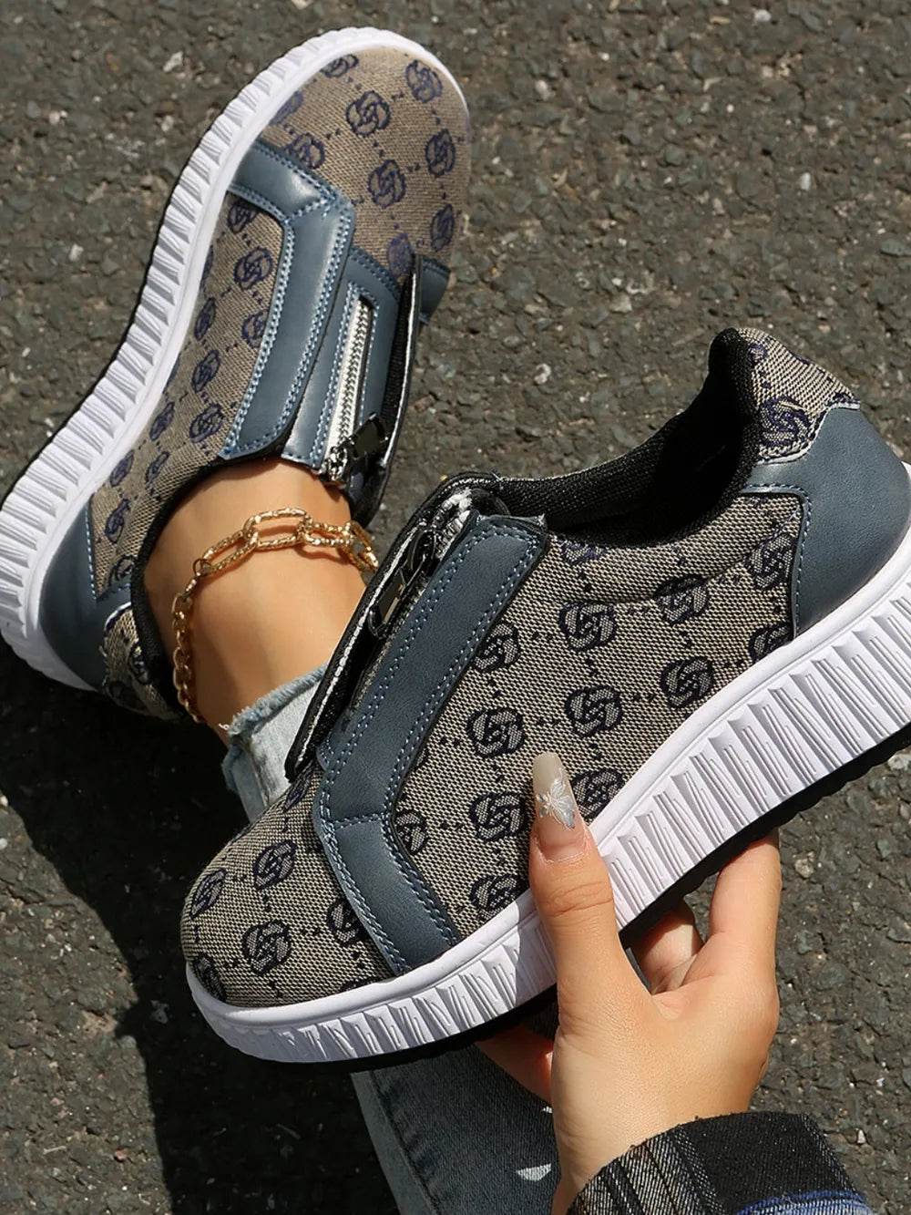 Floral Round Toe Sneakers with Zip - Tredona LLC