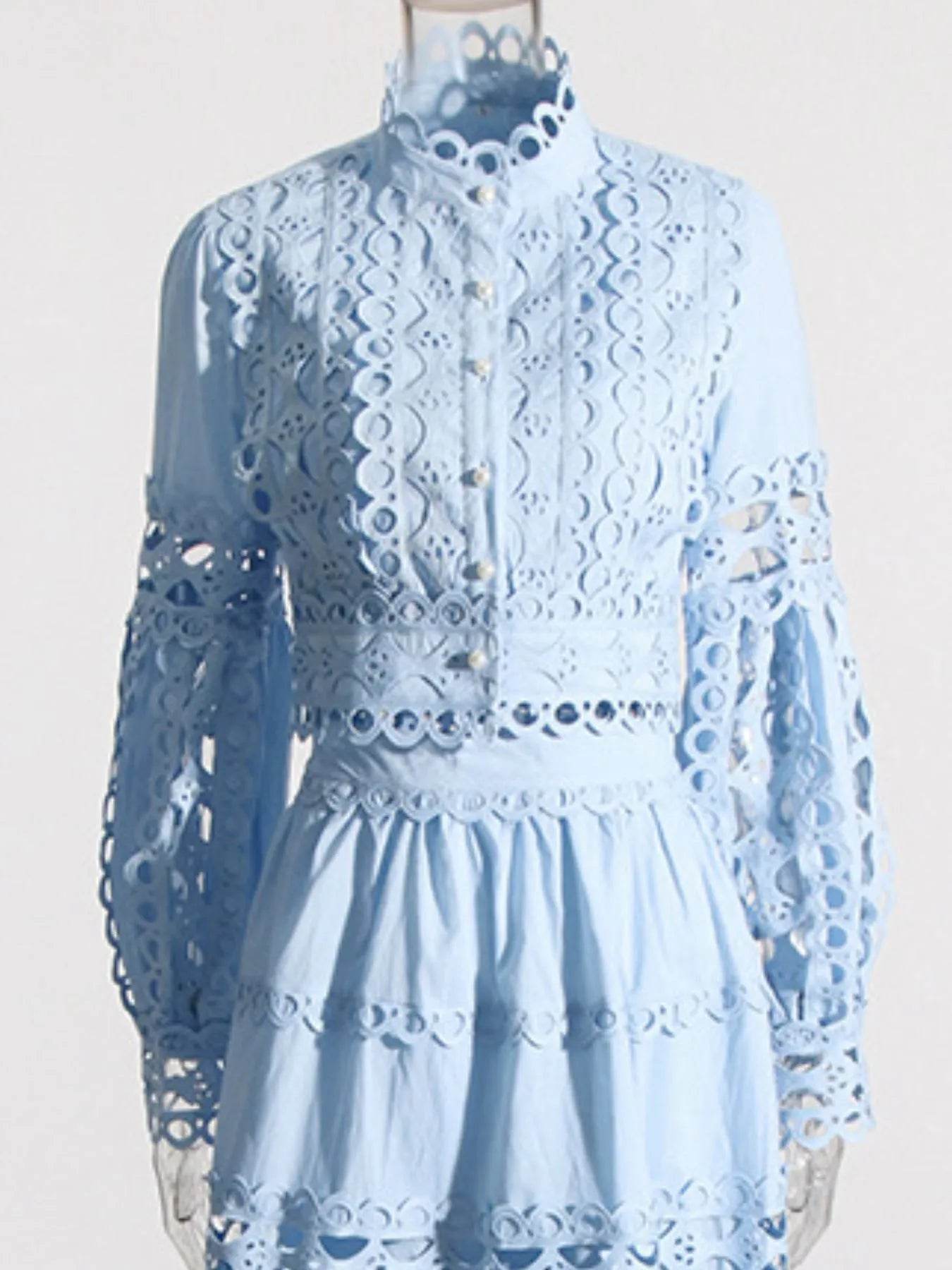 Lace Button Up Long Sleeve Top and Skirt Set - Tredona LLC