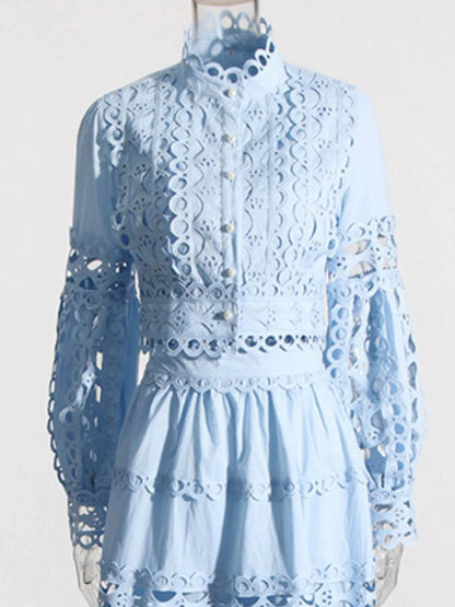 Lace Button Up Long Sleeve Top and Skirt Set - Tredona LLC