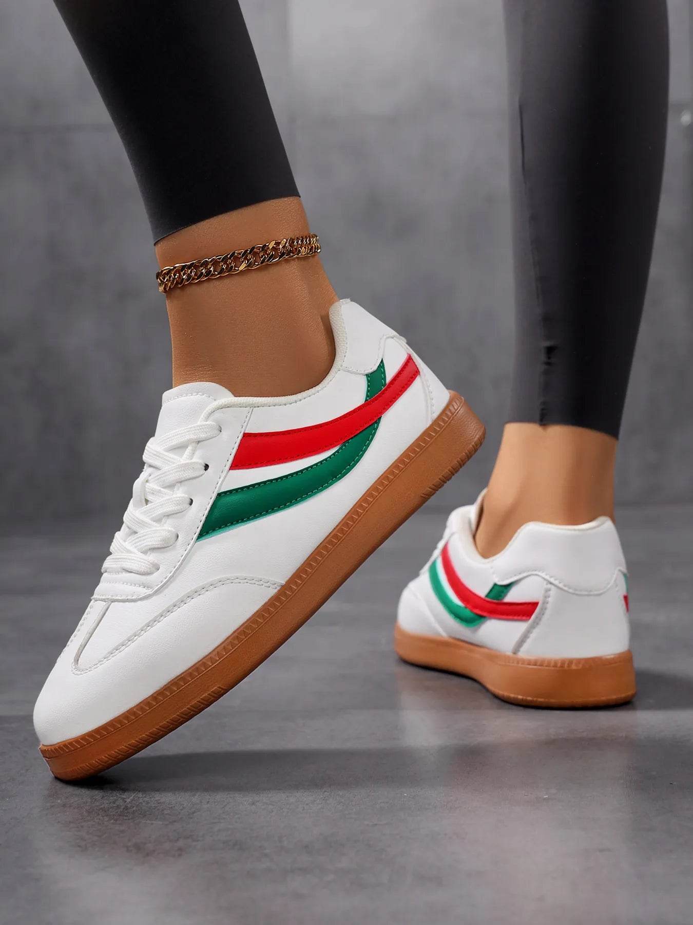 Lace Up Flat Sneakers with Stripe Accent - Tredona LLC