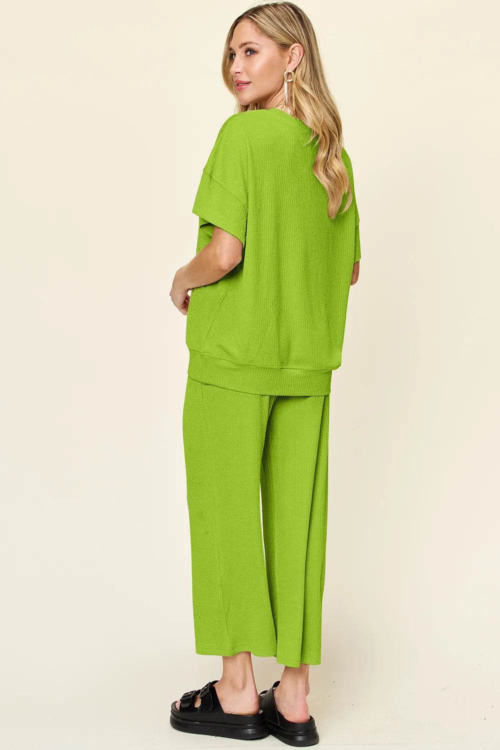 Double Take Full Size Texture Round Neck Short Sleeve T-Shirt and Wide Leg Pants - Tredona LLC
