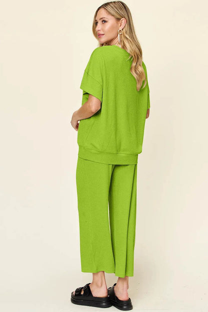 Double Take Full Size Texture Round Neck Short Sleeve T-Shirt and Wide Leg Pants - Tredona LLC