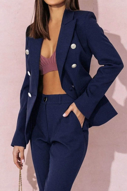 Full Size Lapel Collar Long Sleeve Blazer and Pants Set Plus Size - Tredona LLC