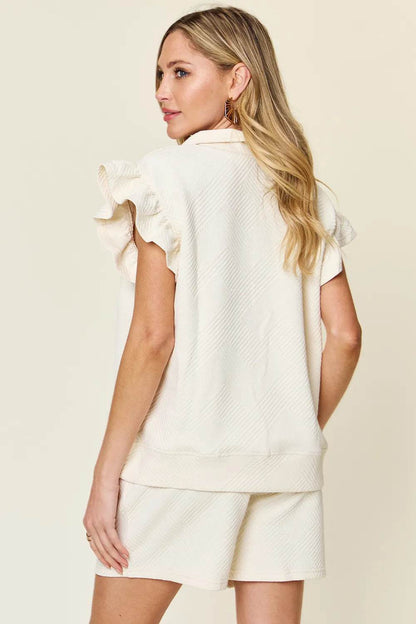 Double Take Full Size Texture Flounce Sleeve Top and Drawstring Shorts Set - Tredona LLC