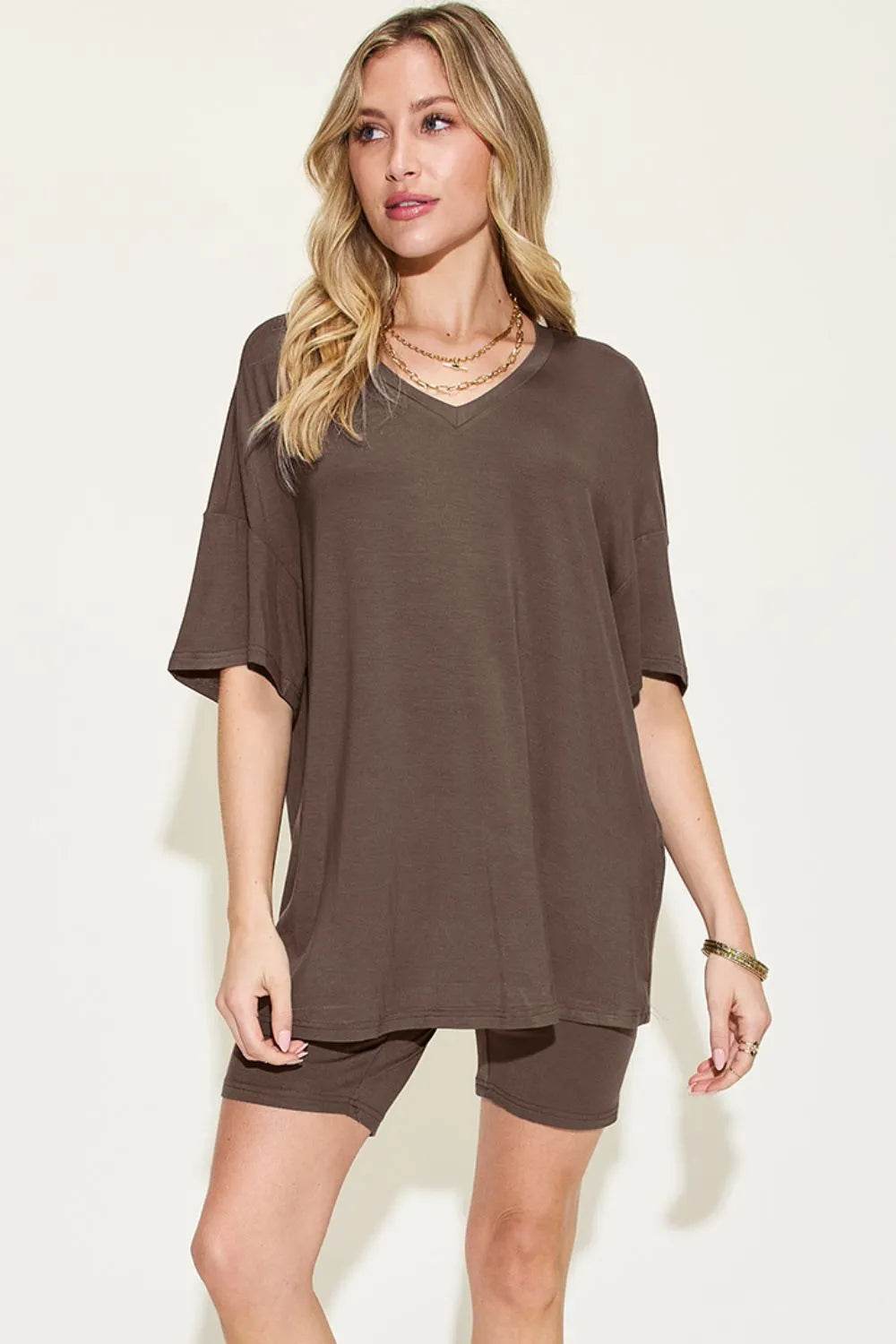 Basic Bae Full Size V-Neck Drop Shoulder T-Shirt and Shorts Set - Tredona LLC