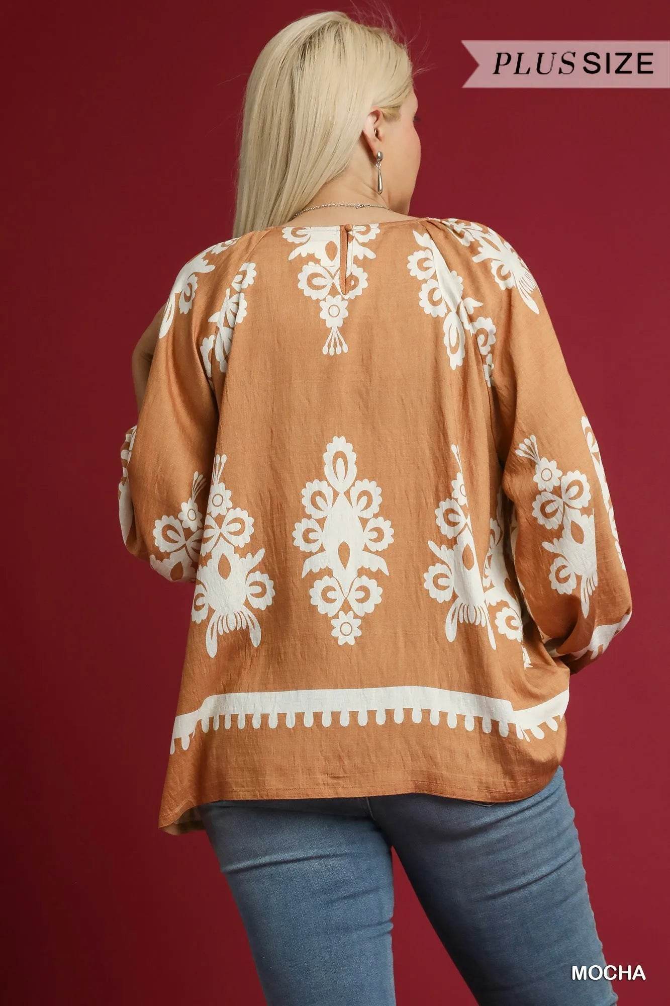 Umgee Full Size Two Tone Border Print Top with Balloon Sleeves Plus Size - Tredona LLC