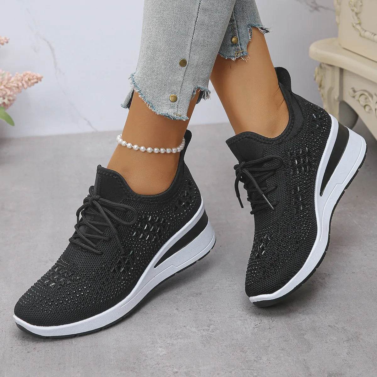 Breathable Mesh Rhinestone Wedge Athletic Sneakers - Tredona LLC
