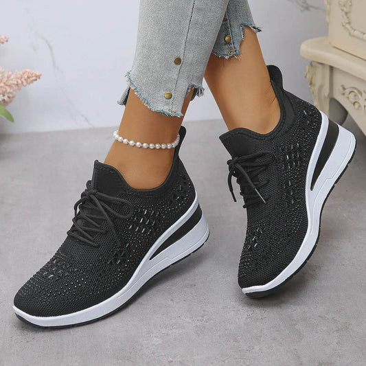 Breathable Mesh Rhinestone Wedge Athletic Sneakers - Tredona LLC