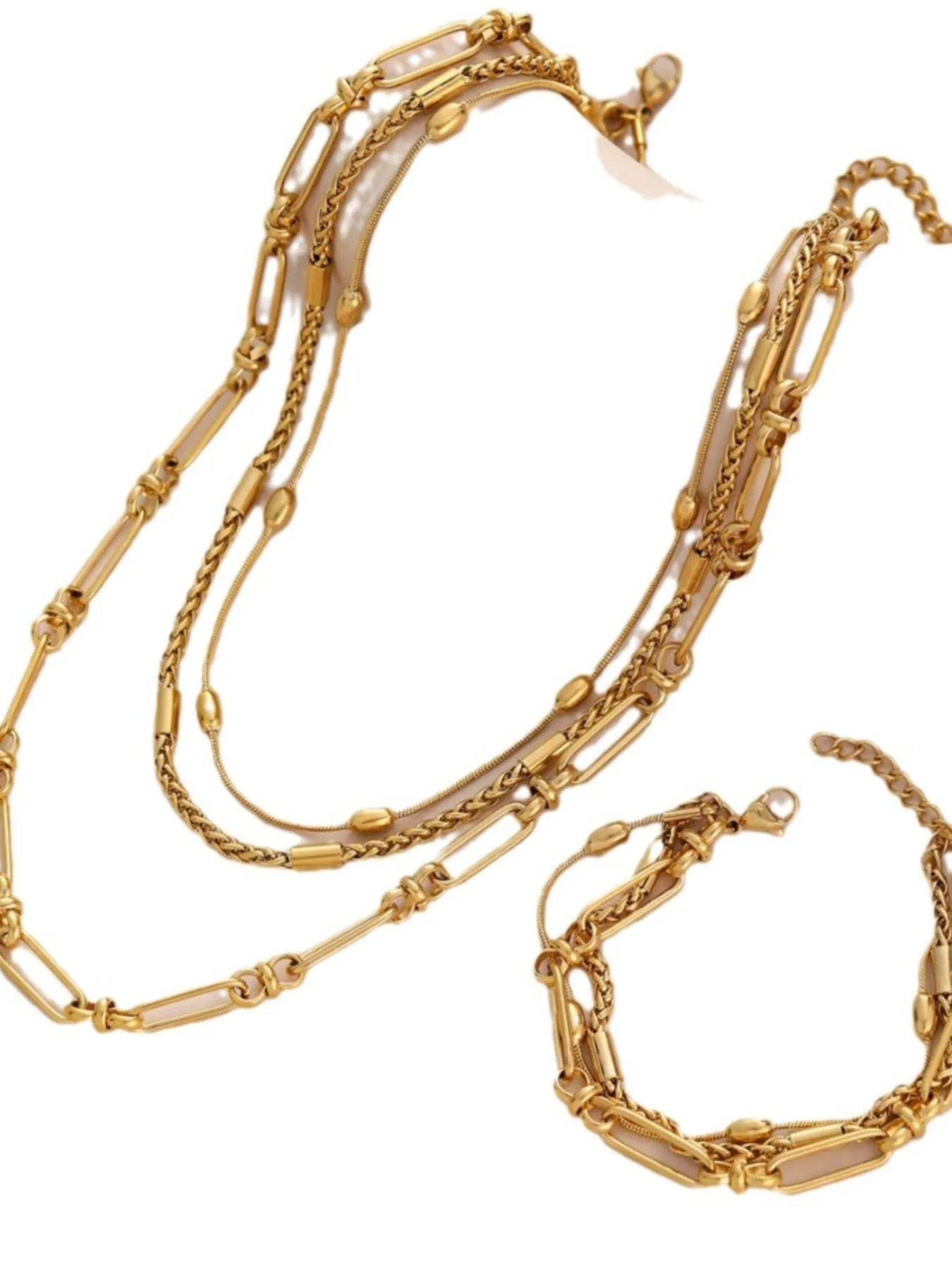 18K Gold-Plated Layered Chain Necklace and Bracelet Jewelry Set - Tredona LLC