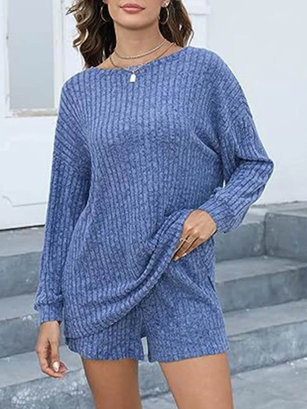 Round Neck Dropped Shoulder Top and Shorts Set - Tredona LLC