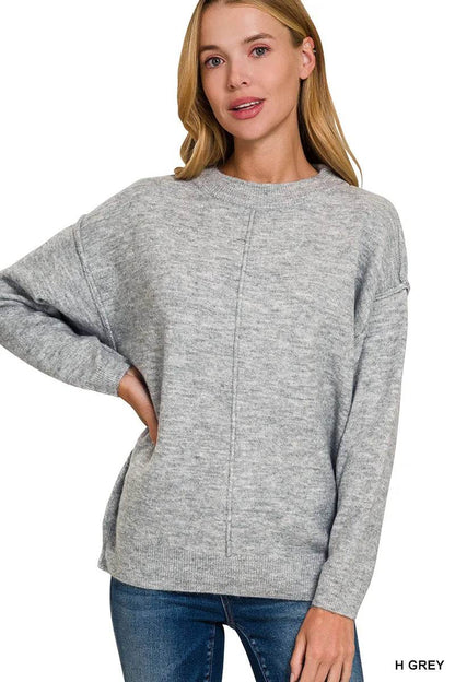 Zenana Melange Front Seam Round-Neck Sweater - Tredona LLC