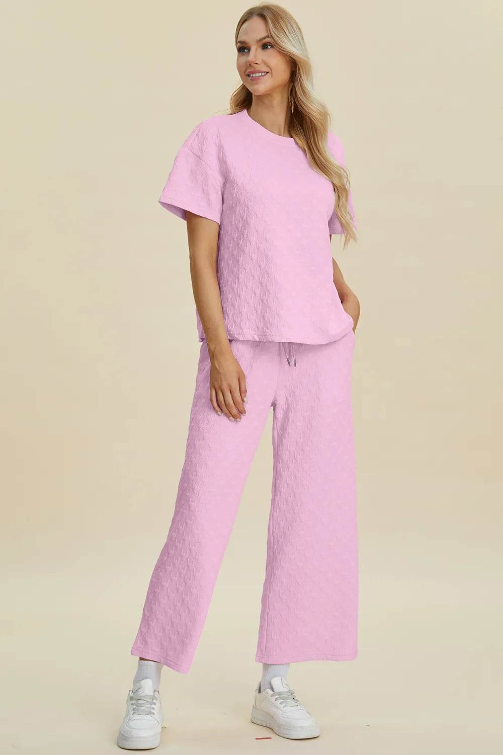 Double Take Full Size Texture Round Neck Short Sleeve Top and Pants Set - Tredona LLC