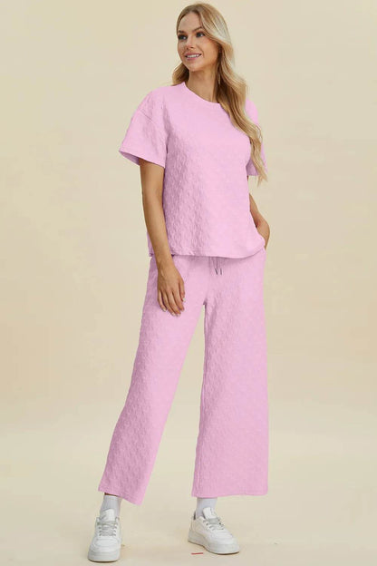 Double Take Full Size Texture Round Neck Short Sleeve Top and Pants Set - Tredona LLC
