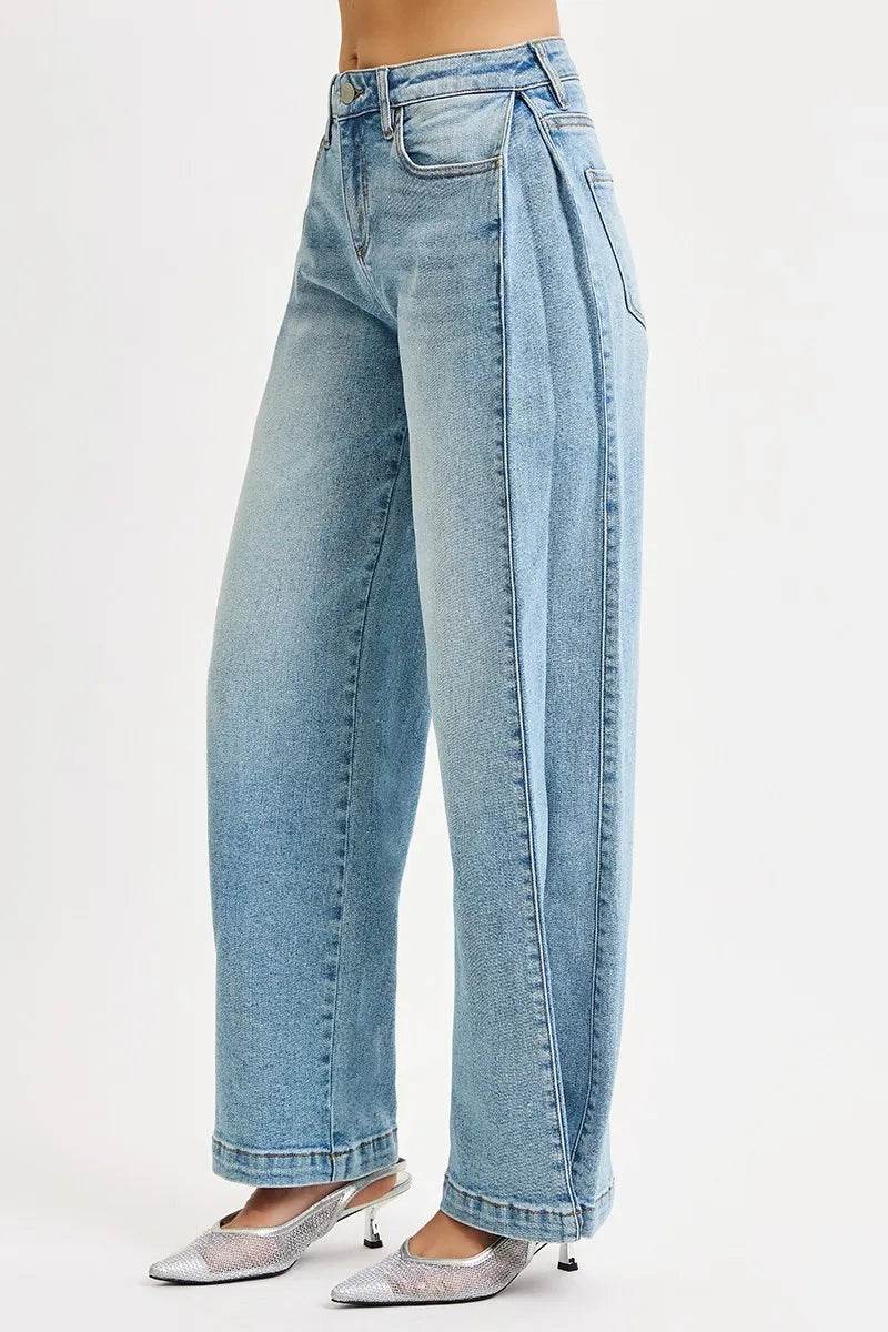 RISEN Mid Rise Wide Barrel Transferable Leg Snap Jeans - Tredona LLC