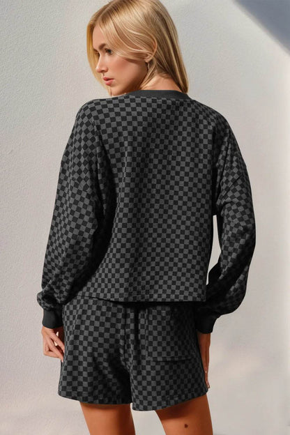 Double Take Checkered Half Button Top and Shorts Set - Tredona LLC
