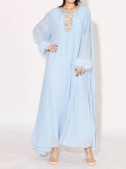 Rhinestone Long Sleeve Maxi Dress - Tredona LLC