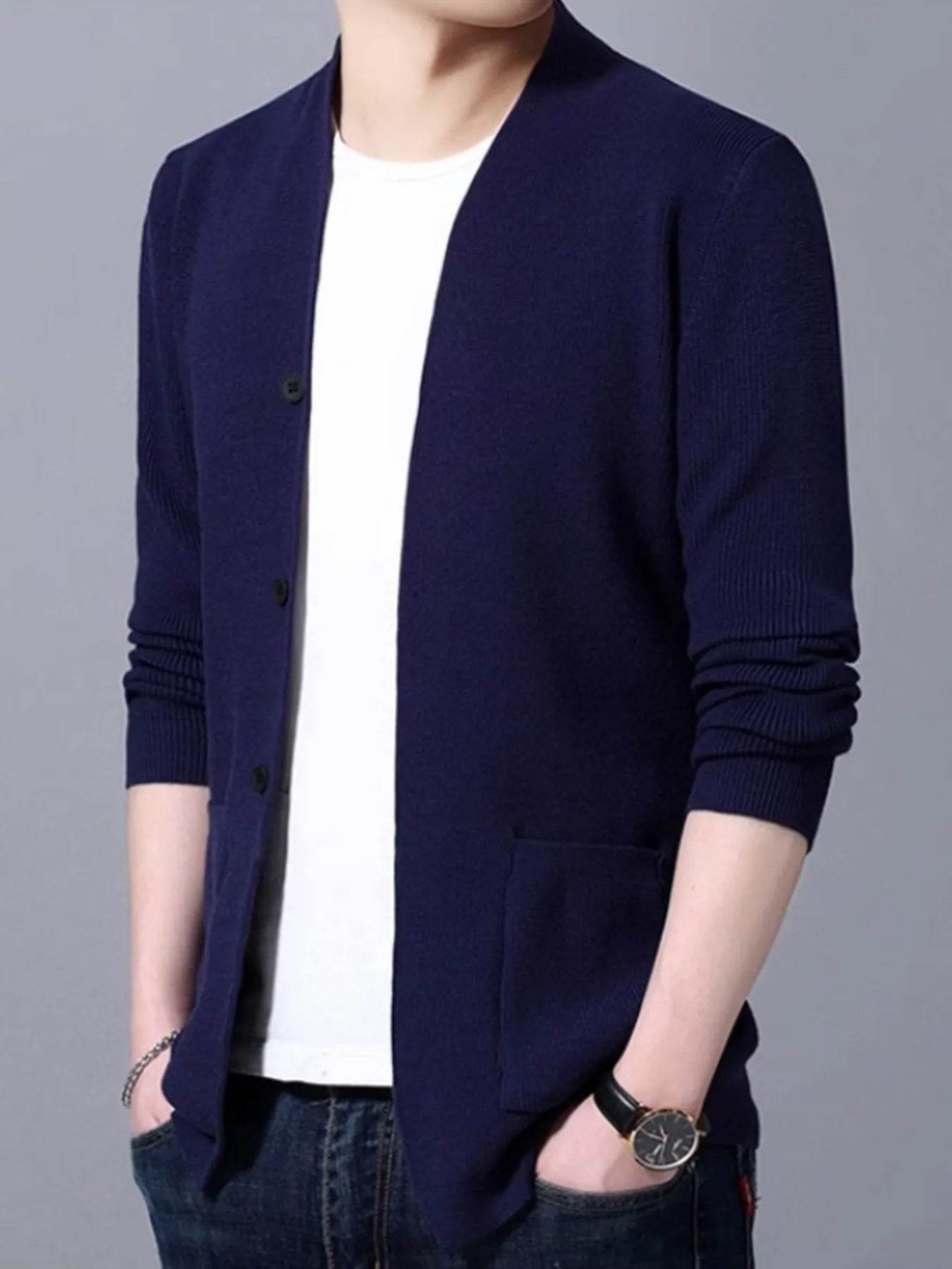 Men's Plus Size Long Sleeve Cardigan with Pockets - Tredona LLC