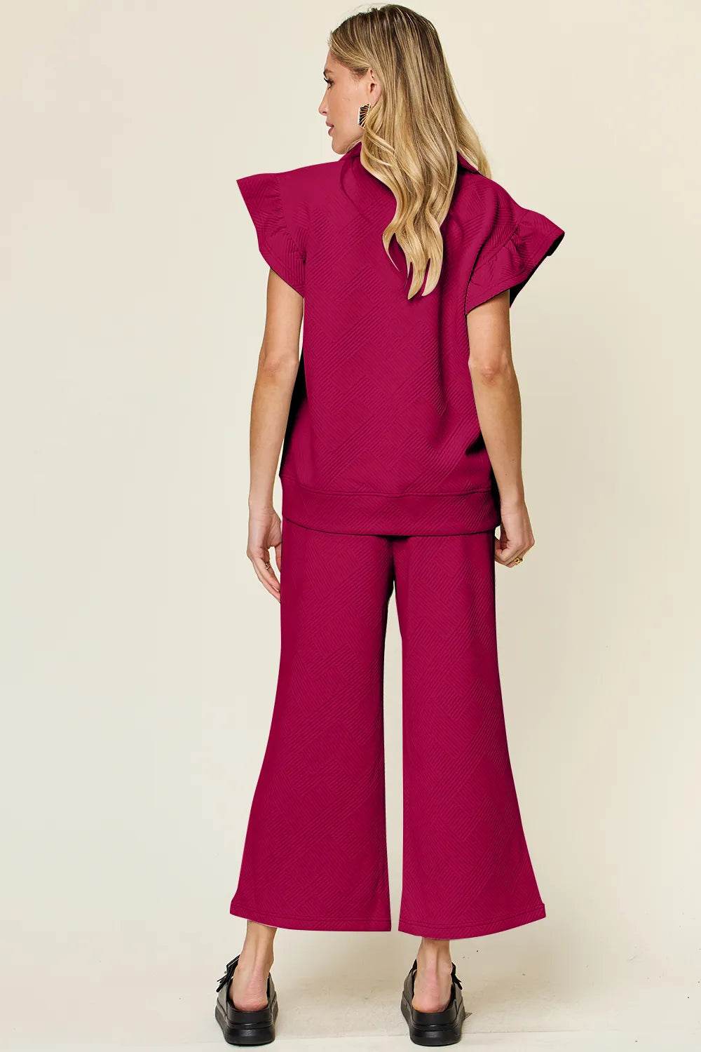 Double Take Texture Ruffle Short Sleeve Top and Drawstring Wide Leg Pants Set - Tredona LLC