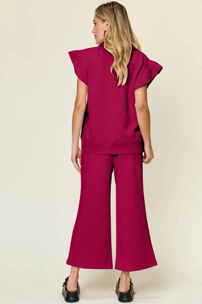 Double Take Texture Ruffle Short Sleeve Top and Drawstring Wide Leg Pants Set - Tredona LLC