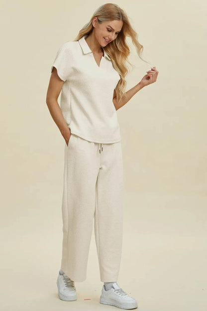 Double Take Full Size Collared Neck Short Sleeve Top and Pants Set - Tredona LLC