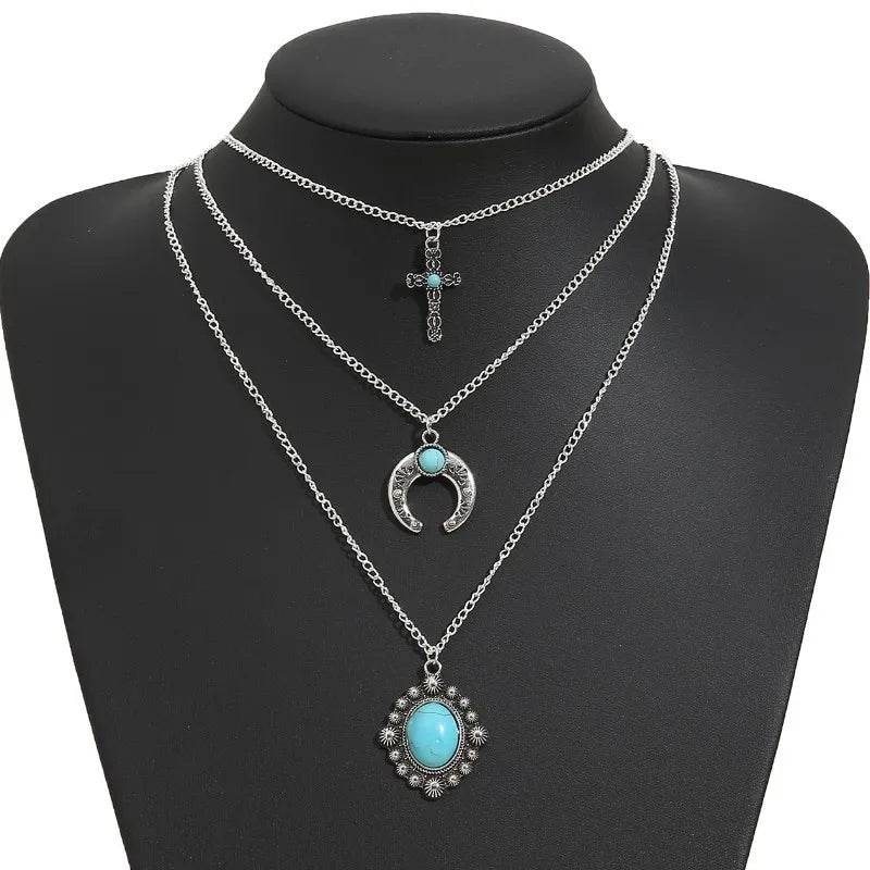 Artificial Turquoise Alloy Three-Layered Necklace - Tredona LLC