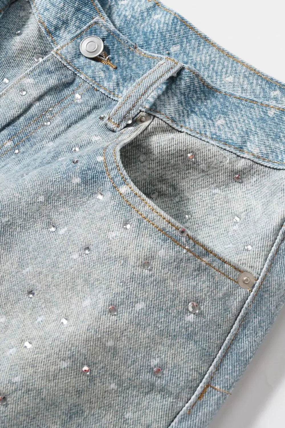 Men's Washed Rhinestone Denim Bermuda Shorts - Tredona LLC