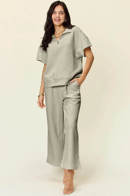 Double Take Full Size Texture Half Zip Short Sleeve Top and Pants Set - Tredona LLC