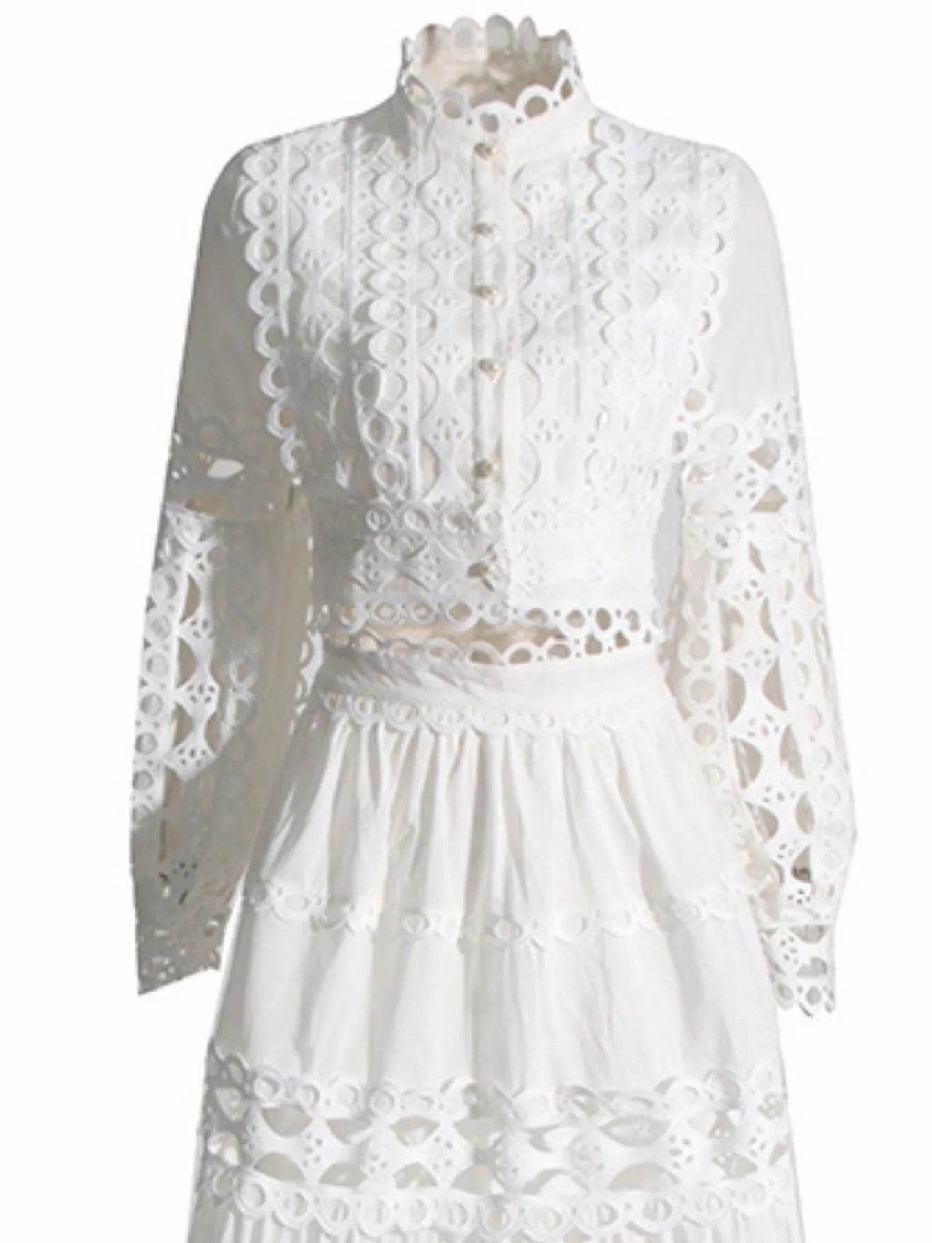 Lace Button Up Long Sleeve Top and Skirt Set - Tredona LLC