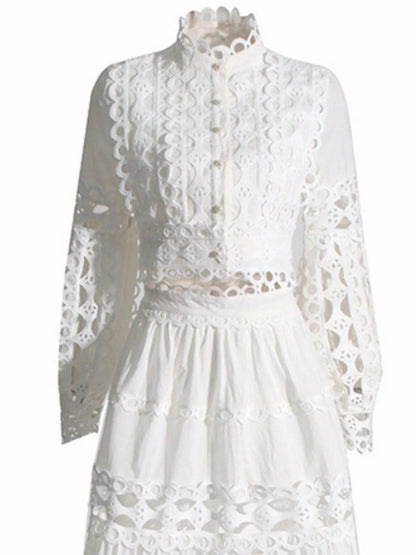Lace Button Up Long Sleeve Top and Skirt Set - Tredona LLC
