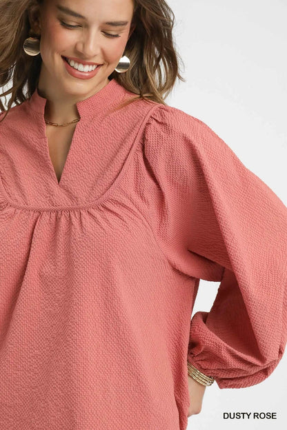 Umgee Textured Notched Blouse with Balloon Sleeves - Tredona LLC