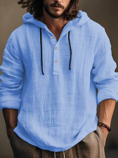 Men's Full Size Half Button Long Sleeve Hoodie - Tredona LLC