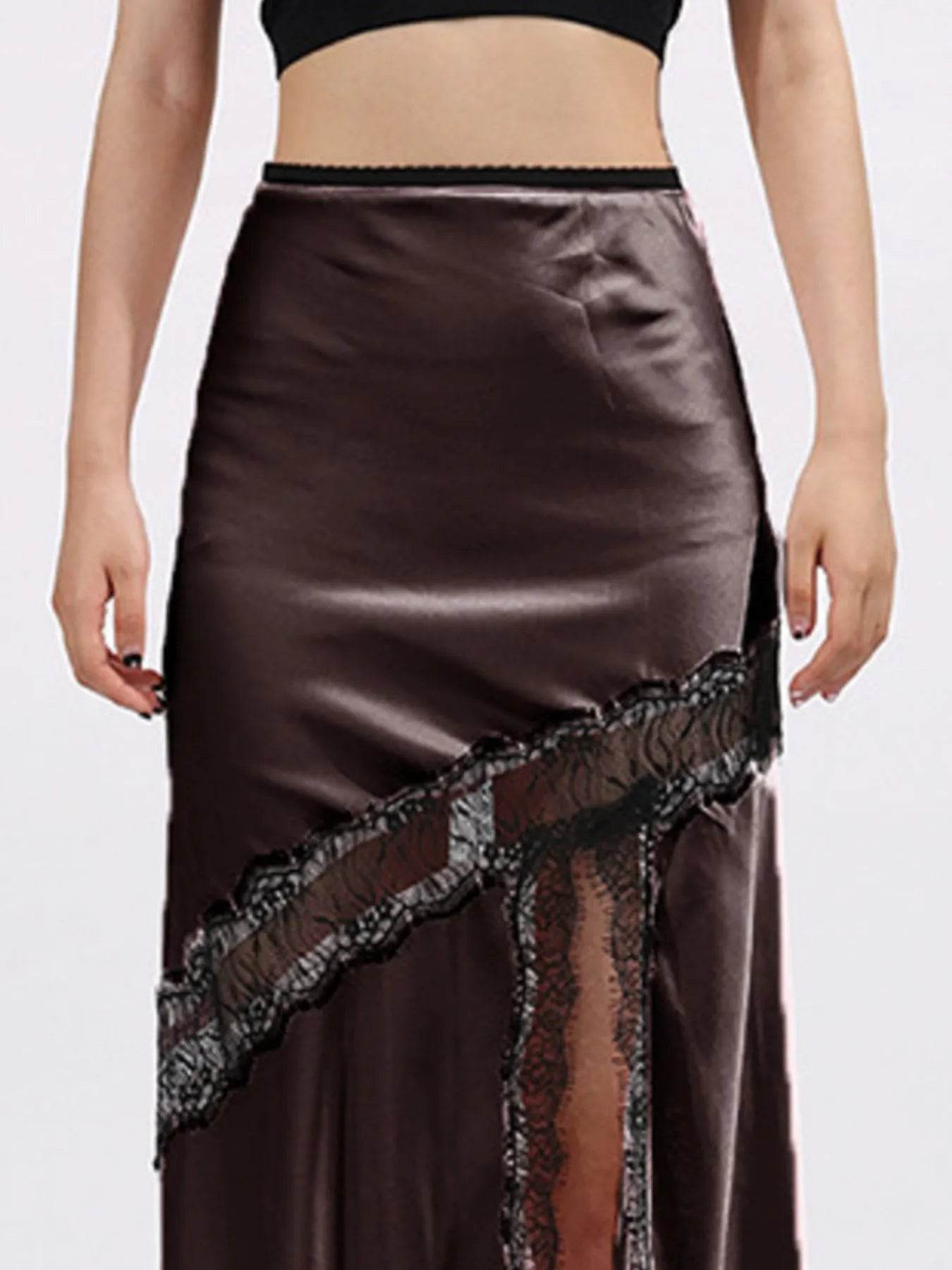 Lace Trim Asymmetrical Midi Skirt - Tredona LLC