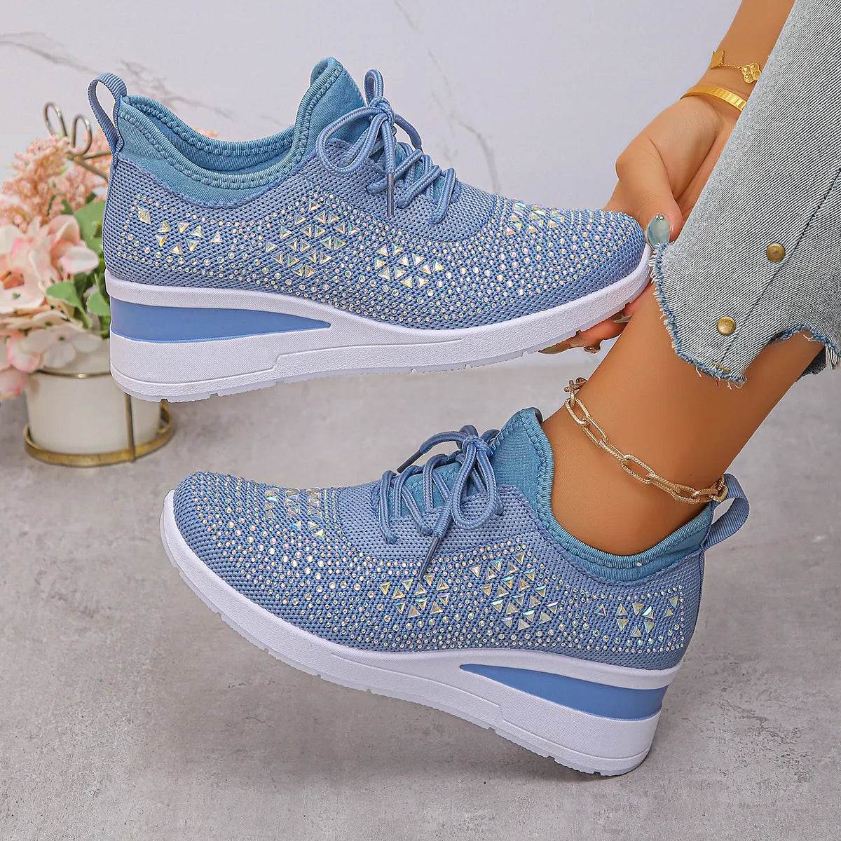 Breathable Mesh Rhinestone Wedge Athletic Sneakers - Tredona LLC