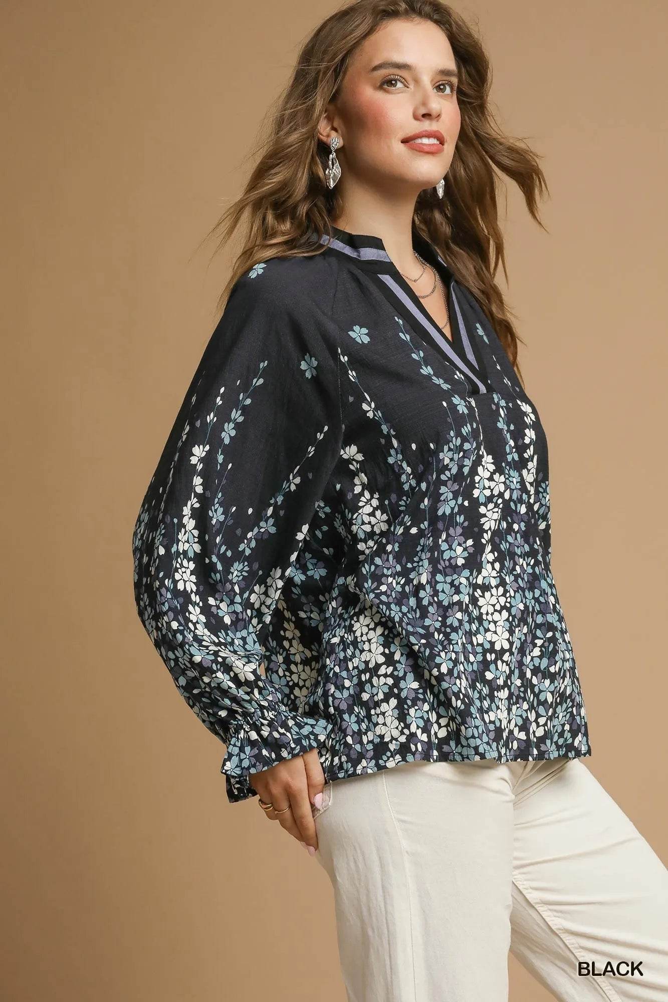 Umgee Full Size Floral Vine Print Blouse with Balloon Sleeves Plus Size - Tredona LLC
