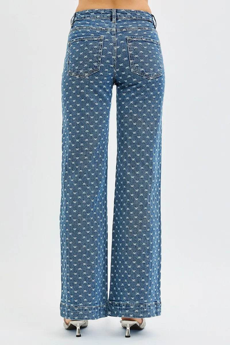 RISEN High Rise Wide Leg Bow Embroidered Jeans - Tredona LLC